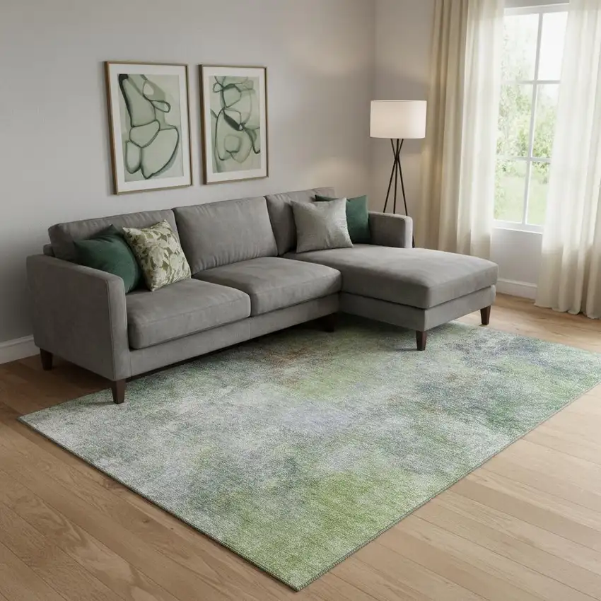 Fern Green And Gray Abstract Washable Area Rug With UV Protection Photo 2