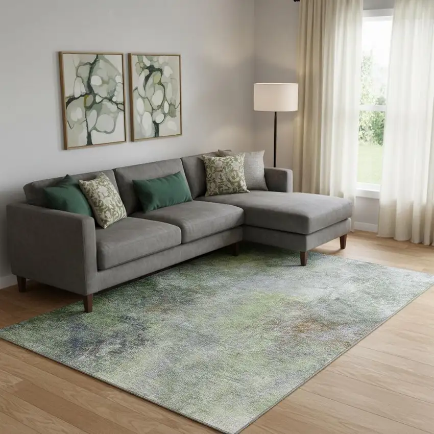 Fern Green And Gray Abstract Washable Area Rug With UV Protection Photo 2