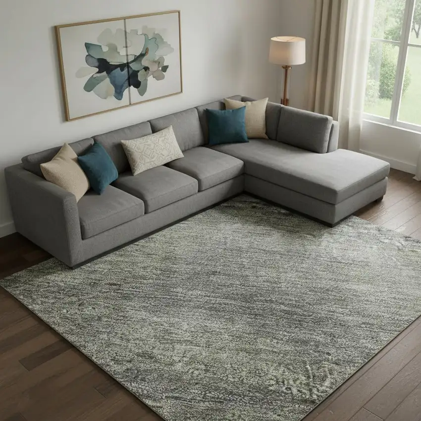 Fern Green And Gray Abstract Washable Area Rug With UV Protection Photo 2