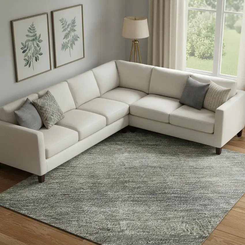 Fern Green And Gray Abstract Washable Area Rug With UV Protection Photo 2