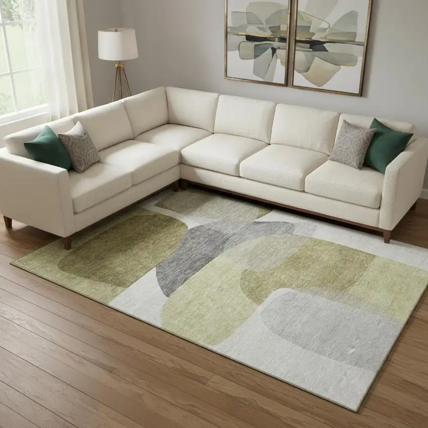 Fern Green And Gray Abstract Washable Area Rug With UV Protection Photo 2