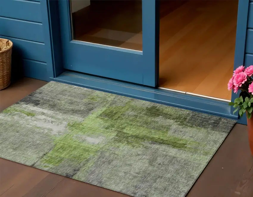 Fern Green And Gray Abstract Washable Indoor Outdoor Area Rug Photo 2