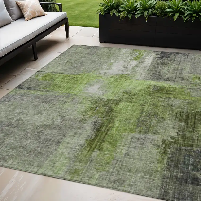 Fern Green And Gray Abstract Washable Indoor Outdoor Area Rug Photo 2