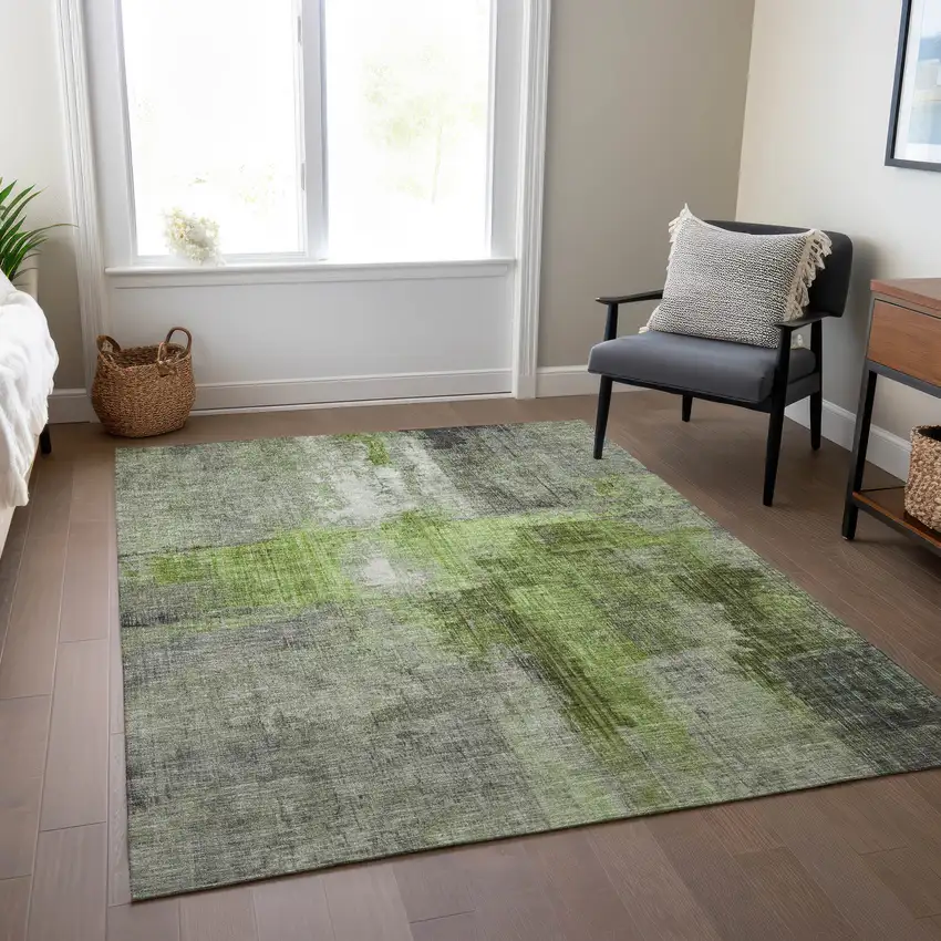 Fern Green And Gray Abstract Washable Indoor Outdoor Area Rug Photo 7