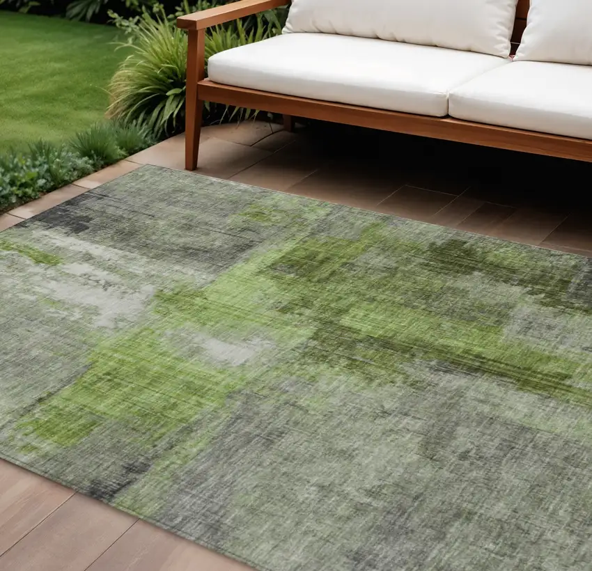 Fern Green And Gray Abstract Washable Indoor Outdoor Area Rug Photo 2