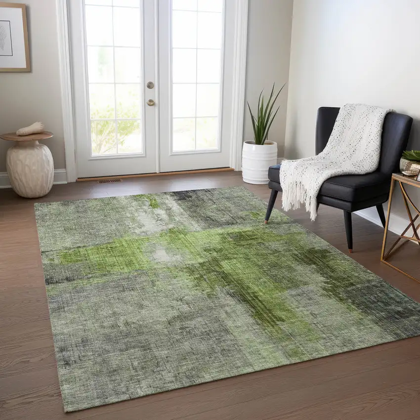 Fern Green And Gray Abstract Washable Indoor Outdoor Area Rug Photo 6