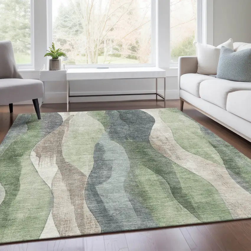 Fern Green And Gray Abstract Washable Indoor Outdoor Area Rug Photo 5