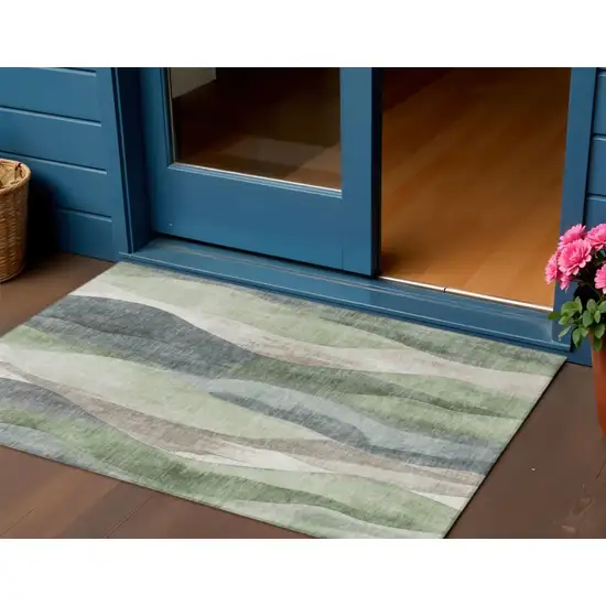 Fern Green And Gray Abstract Washable Indoor Outdoor Area Rug Photo 2