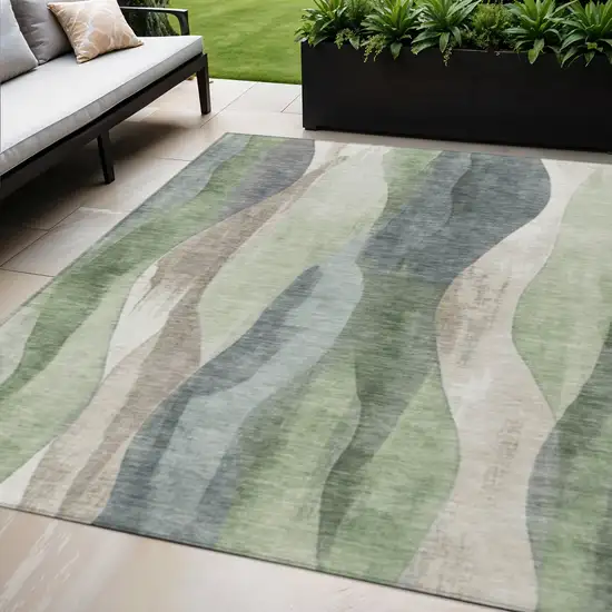 Fern Green And Gray Abstract Washable Indoor Outdoor Area Rug Photo 2