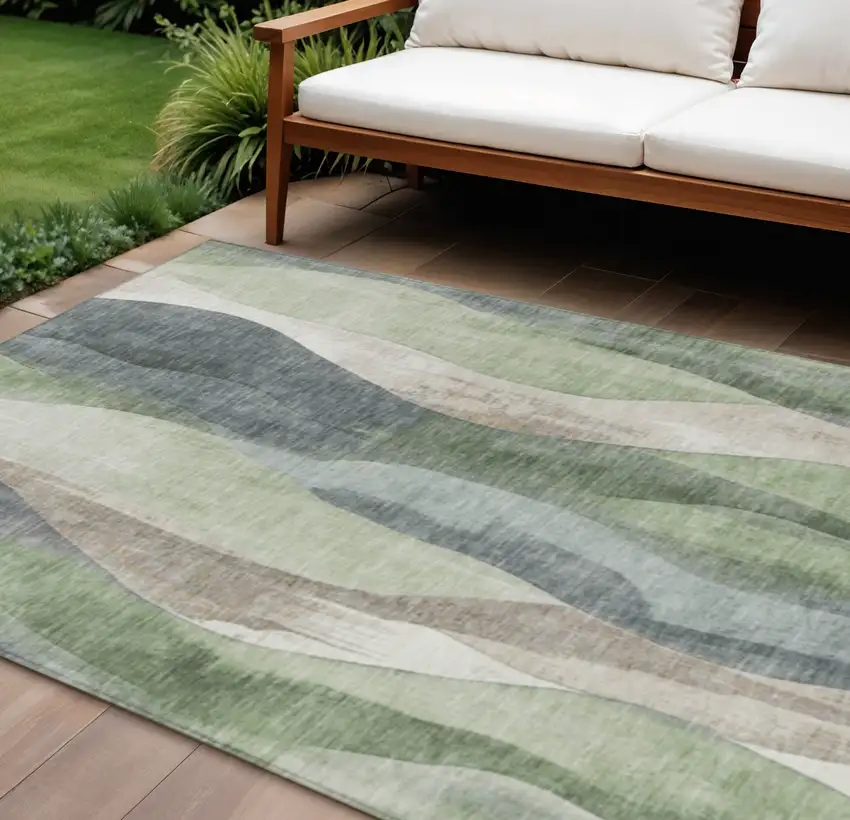 Fern Green And Gray Abstract Washable Indoor Outdoor Area Rug Photo 2