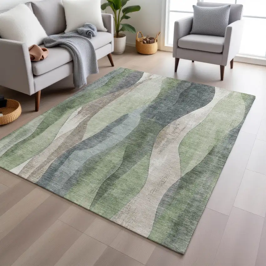 Fern Green And Gray Abstract Washable Indoor Outdoor Area Rug Photo 4