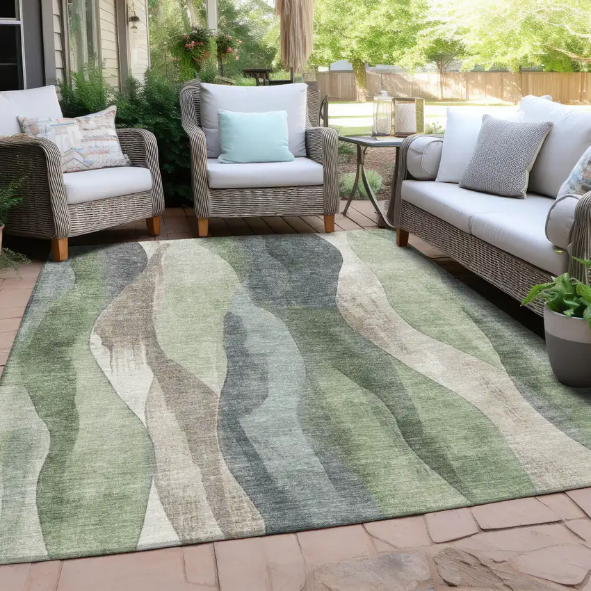Fern Green And Gray Abstract Washable Indoor Outdoor Area Rug Photo 3