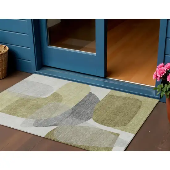 Fern Green And Gray Abstract Washable Indoor Outdoor Area Rug Photo 1