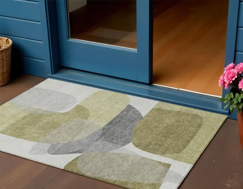 Fern Green And Gray Abstract Washable Indoor Outdoor Area Rug Photo 1