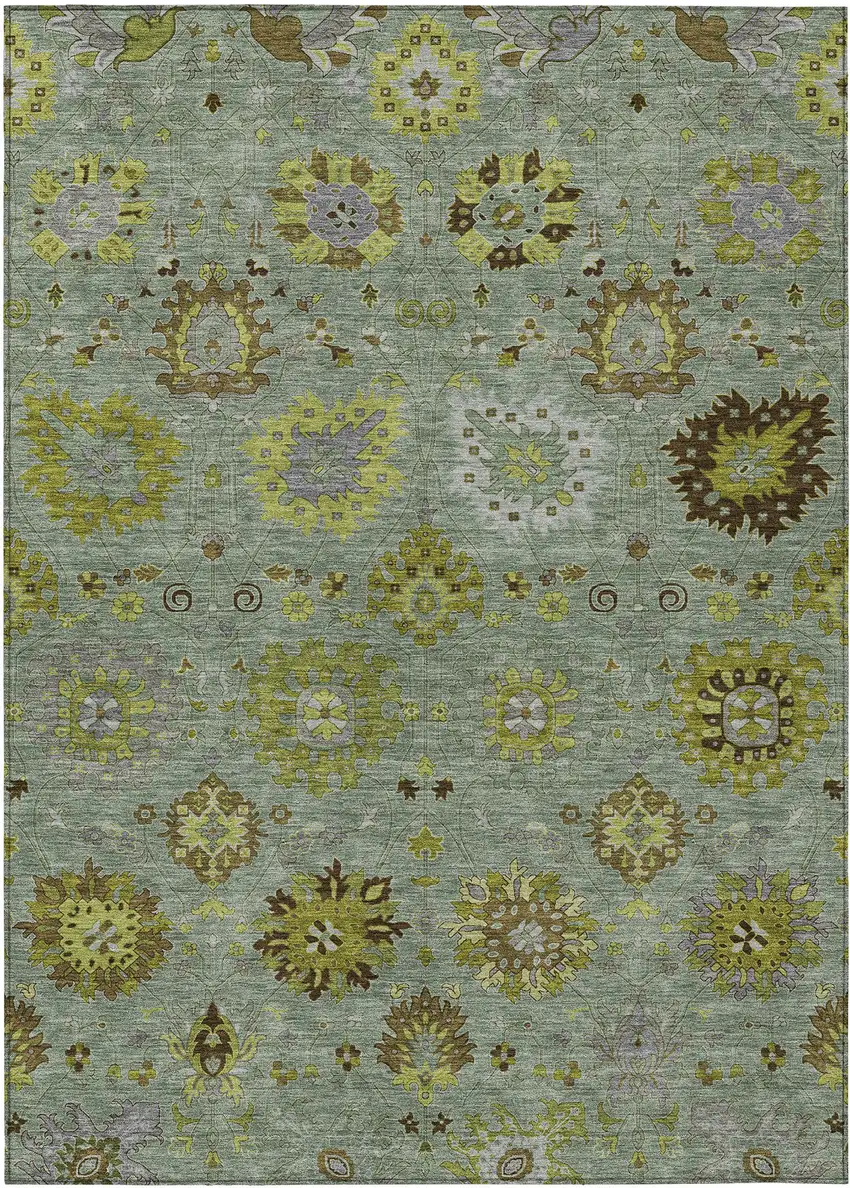 Fern Green And Gray Damask Washable Indoor Outdoor Area Rug Photo 2