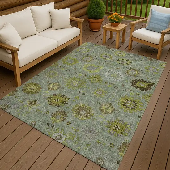 Fern Green And Gray Damask Washable Indoor Outdoor Area Rug Photo 9