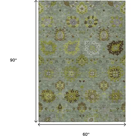 Fern Green And Gray Damask Washable Indoor Outdoor Area Rug Photo 3