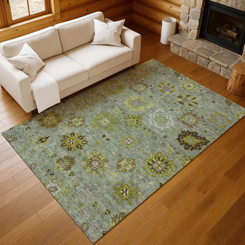 Fern Green And Gray Damask Washable Indoor Outdoor Area Rug Photo 8