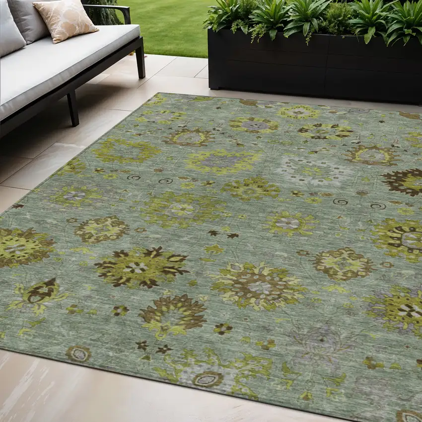 Fern Green And Gray Damask Washable Indoor Outdoor Area Rug Photo 1