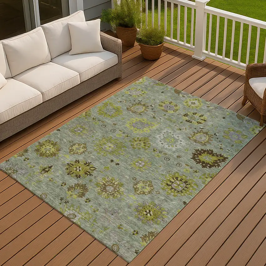 Fern Green And Gray Damask Washable Indoor Outdoor Area Rug Photo 8