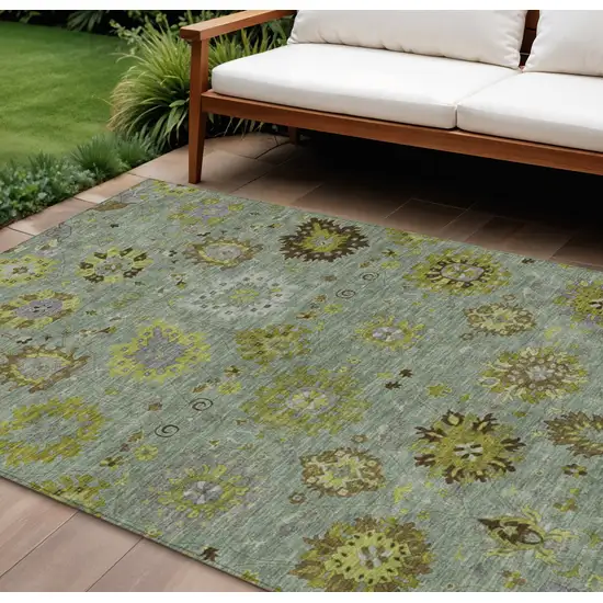 Fern Green And Gray Damask Washable Indoor Outdoor Area Rug Photo 1