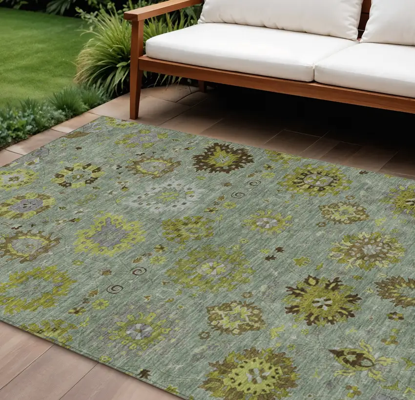 Fern Green And Gray Damask Washable Indoor Outdoor Area Rug Photo 1
