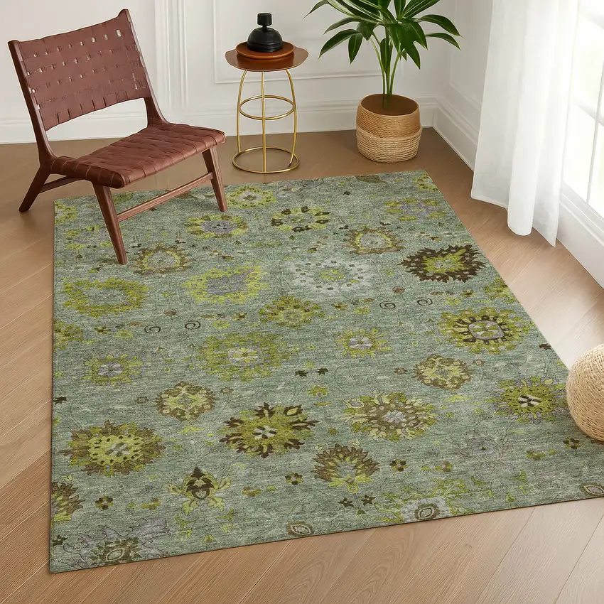 Fern Green And Gray Damask Washable Indoor Outdoor Area Rug Photo 9