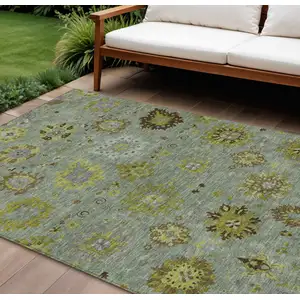 Photo of Fern Green And Gray Damask Washable Indoor Outdoor Area Rug