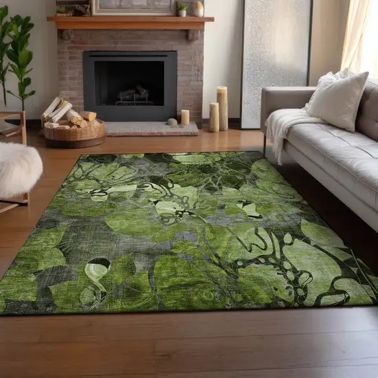 Fern Green And Gray Floral Washable Area Rug With UV Protection Photo 6