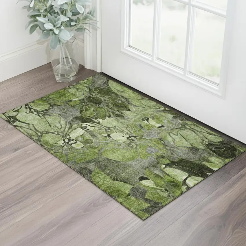 Fern Green And Gray Floral Washable Area Rug With UV Protection Photo 1