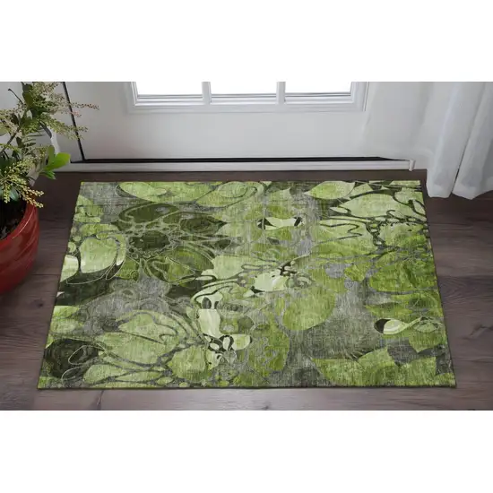 Fern Green And Gray Floral Washable Area Rug With UV Protection Photo 2