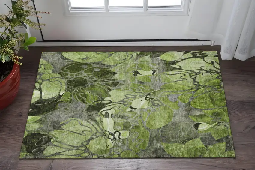 Fern Green And Gray Floral Washable Area Rug With UV Protection Photo 2