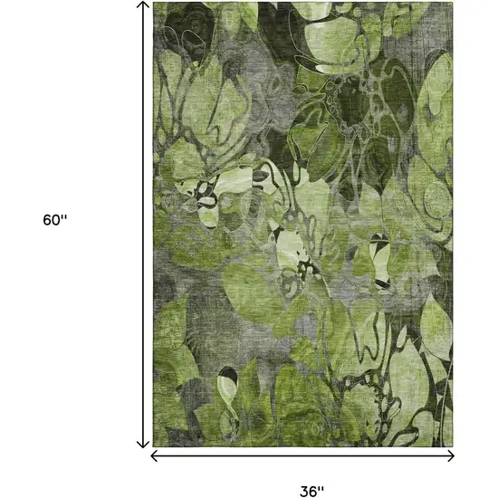 Fern Green And Gray Floral Washable Area Rug With UV Protection Photo 3