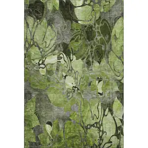 Photo of Fern Green And Gray Floral Washable Area Rug With UV Protection
