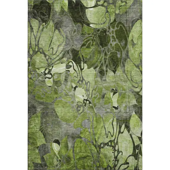 Fern Green And Gray Floral Washable Area Rug With UV Protection Photo 1