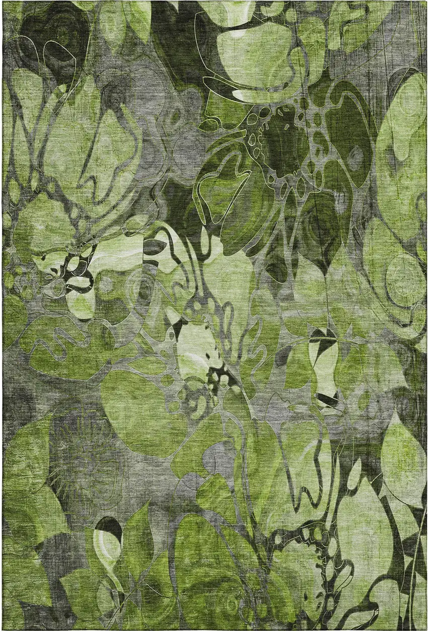 Fern Green And Gray Floral Washable Area Rug With UV Protection Photo 1