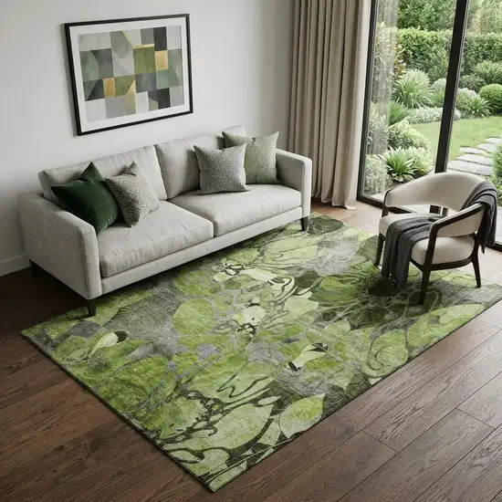 Fern Green And Gray Abstract Distressed Washable Area Rug With UV Protection Photo 1