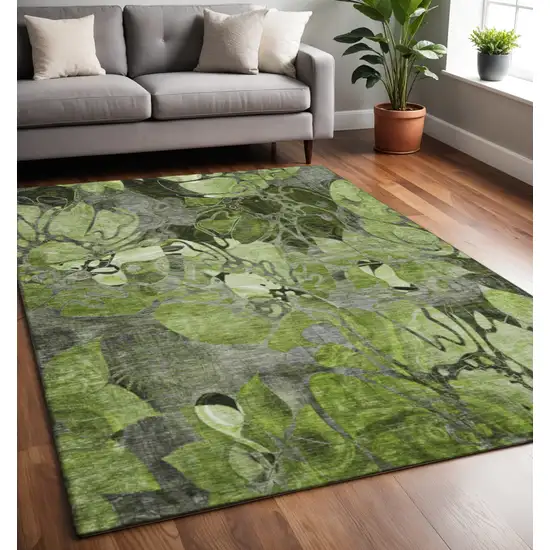 Fern Green And Gray Floral Washable Area Rug With UV Protection Photo 2