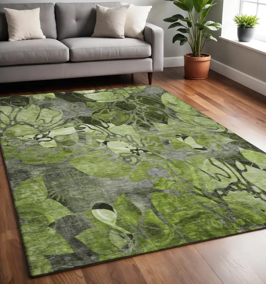 Fern Green And Gray Floral Washable Area Rug With UV Protection Photo 2