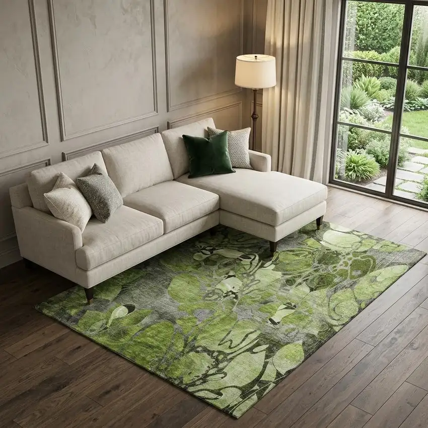 Fern Green And Gray Abstract Distressed Washable Area Rug With UV Protection Photo 1