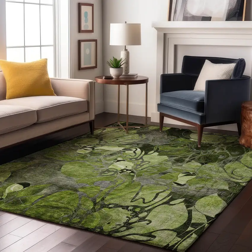 Fern Green And Gray Floral Washable Area Rug With UV Protection Photo 5