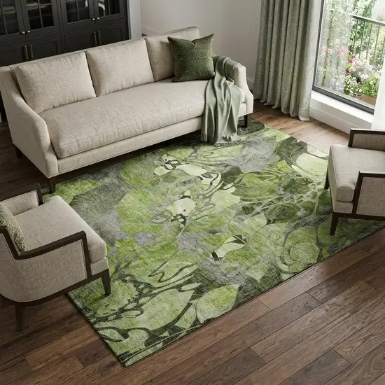 Fern Green And Gray Abstract Distressed Washable Area Rug With UV Protection Photo 1