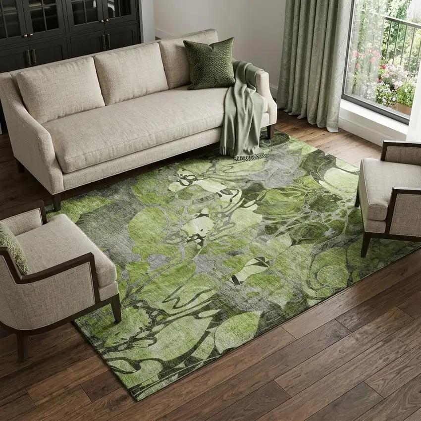Fern Green And Gray Abstract Distressed Washable Area Rug With UV Protection Photo 1