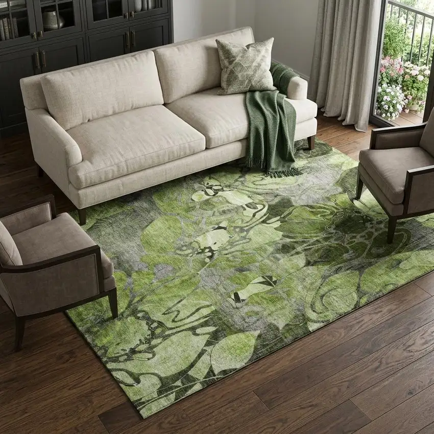 Fern Green And Gray Abstract Distressed Washable Area Rug With UV Protection Photo 1