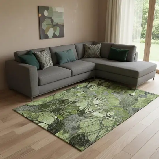 Fern Green And Gray Floral Washable Area Rug With UV Protection Photo 1