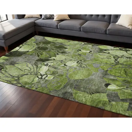 Fern Green And Gray Floral Washable Area Rug With UV Protection Photo 2