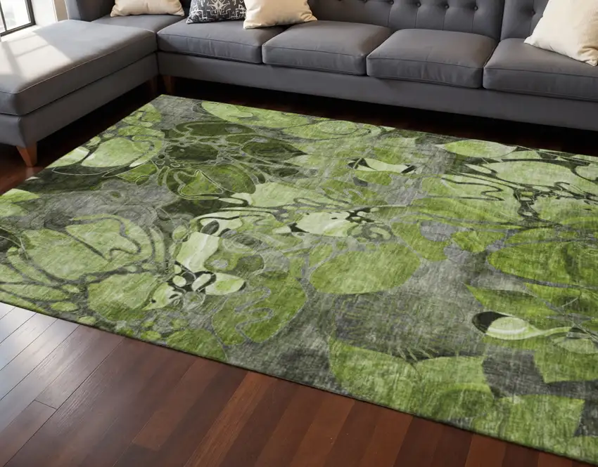 Fern Green And Gray Floral Washable Area Rug With UV Protection Photo 2