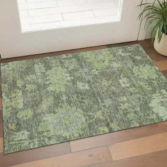 Fern Green And Gray Floral Washable Area Rug With UV Protection Photo 1