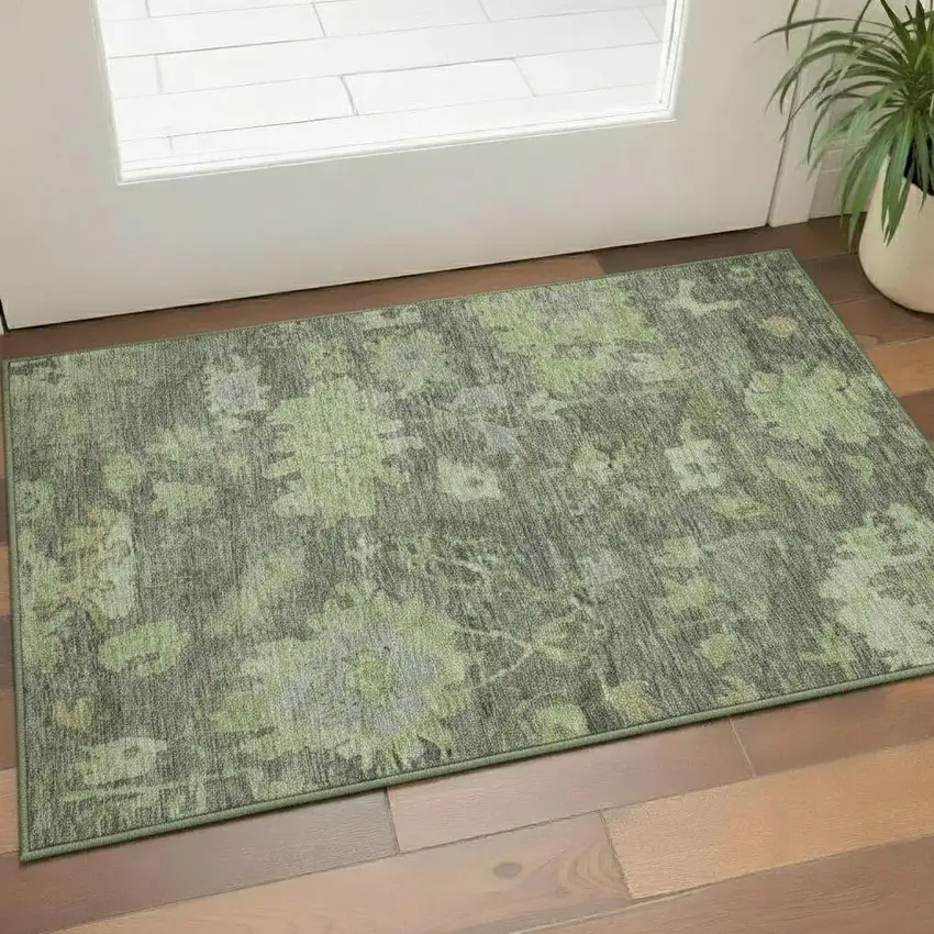 Fern Green And Gray Floral Washable Area Rug With UV Protection Photo 2