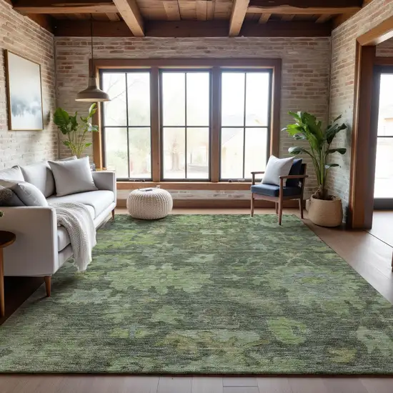 Fern Green And Gray Floral Washable Area Rug With UV Protection Photo 4